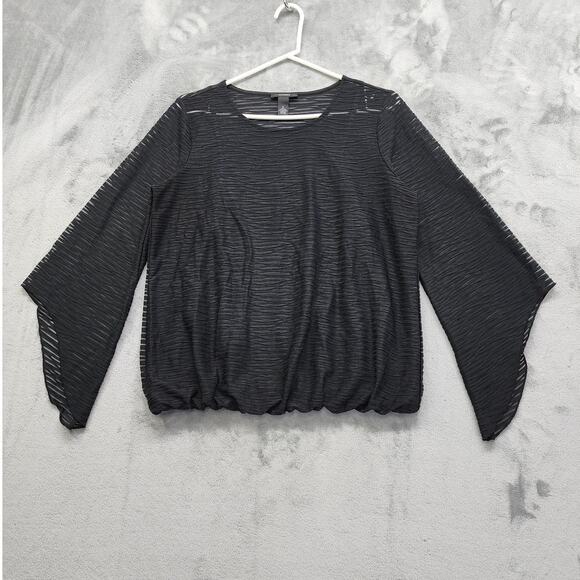Alfani Sheer Illusion Stripe Textured Bubble Hem Top Size S Black Crop Sleeves - Picture 1 of 8